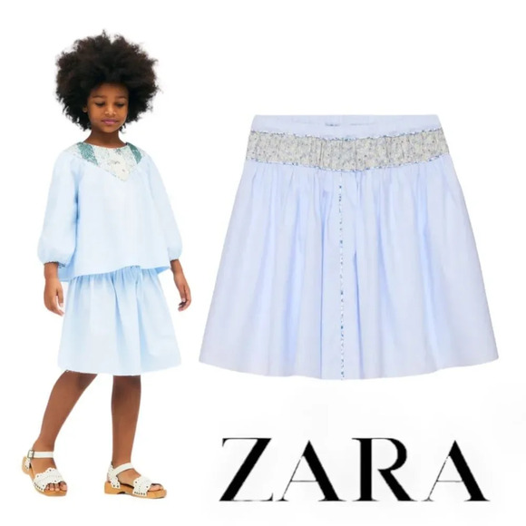 ZARA Kids | Blue | FLORAL YOKE DETAIL STRIPED SKIRT LIMITED EDITION - Picture 1 of 5